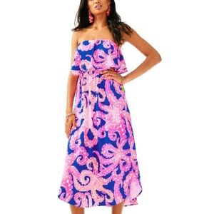 LILLY PULITZER NWT MERIDIAN MIDI DRESS Style #: 29525 IKAT BLUE MOCEAN Size:L